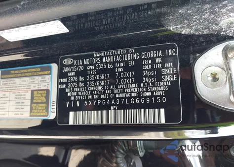 2020 Kia Sorento 2.4L L z USA, uszkodzony, nr VIN 5XYPG4A37LG669150